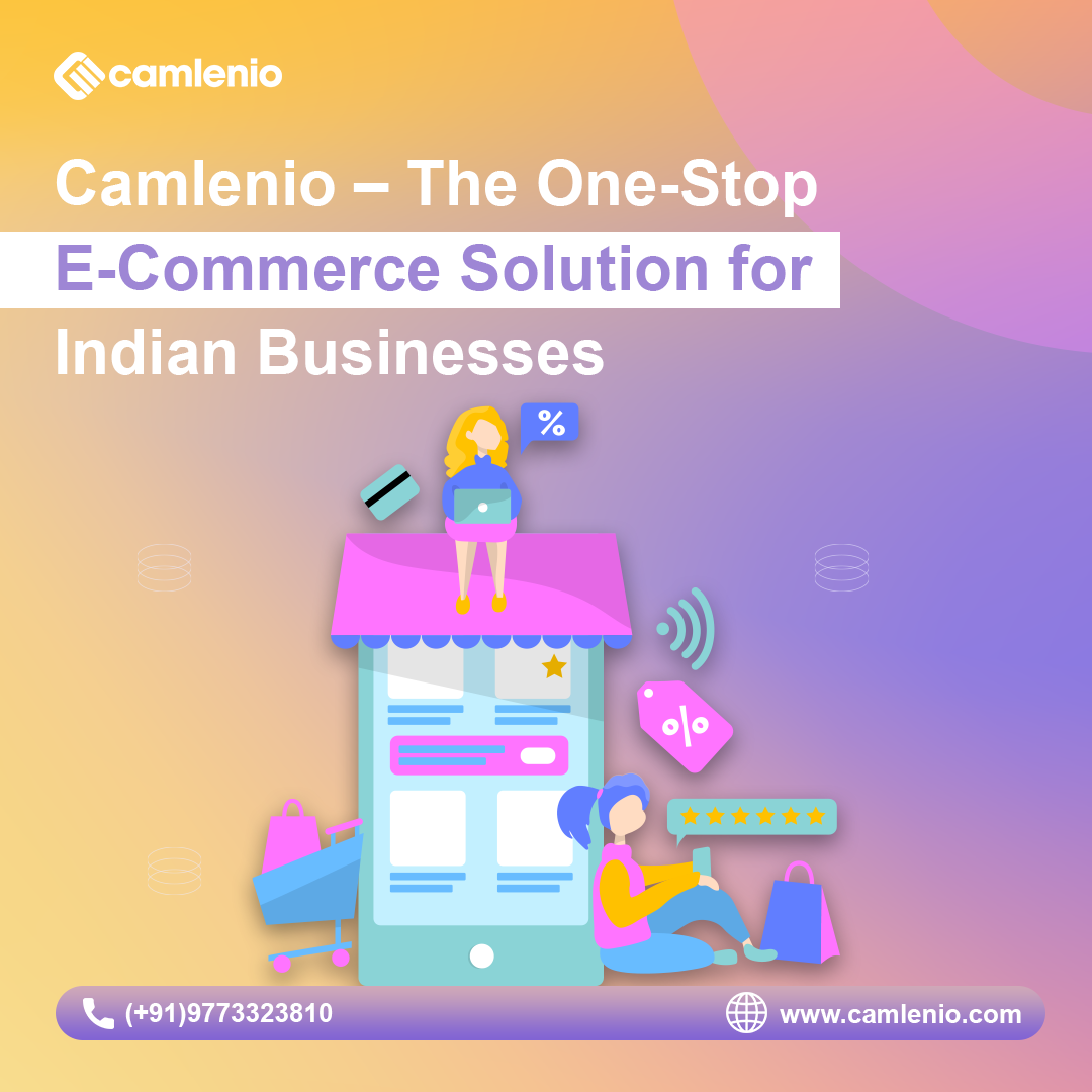 An engaging digital banner showcasing Camlenio's All-in-One E-Commerce Platform. The design features a smartphone screen with an online shopping cart, 'Buy Now' button, and vibrant shopping bags with sale tags, emphasizing seamless e-commerce solutions. The background blends warm and cool tones with dynamic elements, highlighting Camlenio's ability to drive more sales for businesses.