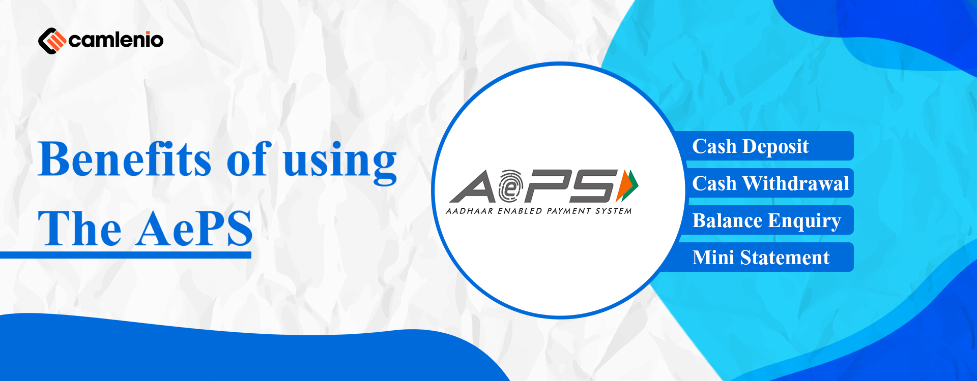 AEPS (Aadhaar Enabled Payment System) software development company Features listed include Cash Deposit, Cash Withdrawal, Balance Enquiry, and Mini Statement.