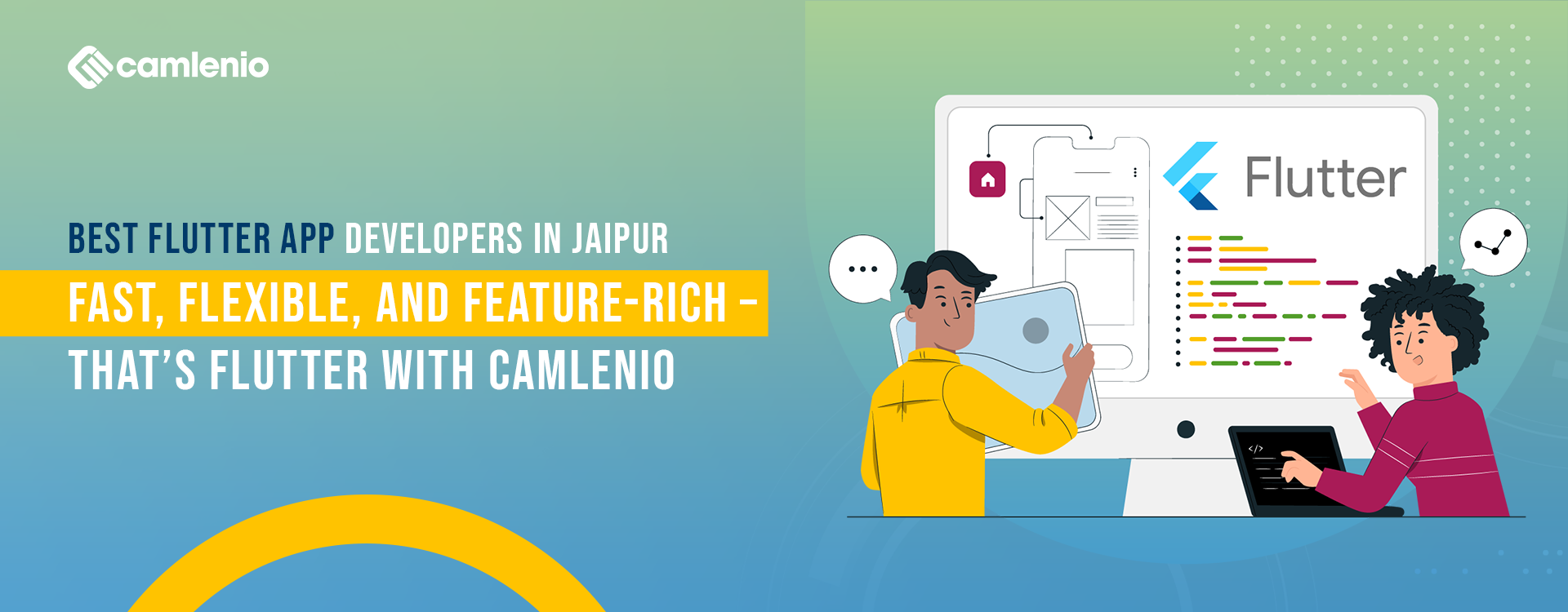  Camlenio as a top Flutter app development company in Jaipur. A smartphone screen showcasing the Flutter logo and app interface elements. Icons representing various technologies and platforms (Java, iOS, Android, Kotlin, Swift, etc.). Contact details: 📞 (+91)9773323810 🌐 www.camlenio.com