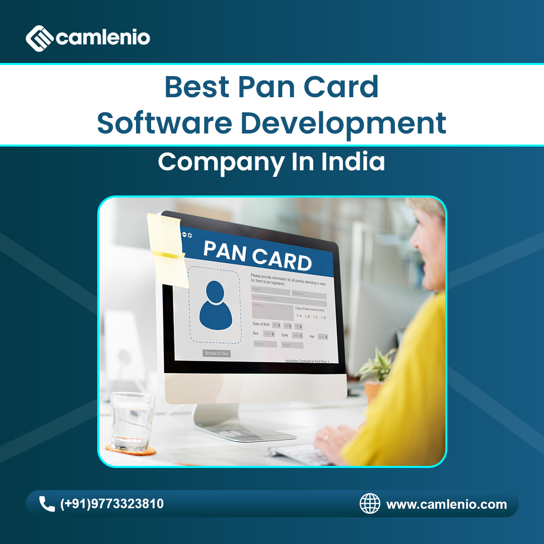 Camlenio PAN Card Processing banner with a hand holding an Indian PAN card. Text reads: 'PAN Card Processing – Made Smarter, Faster And More Secure' on a blue digital-themed background.